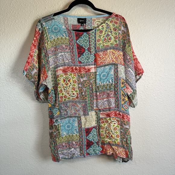 Shana Top Viscose Silk Lightweight Blouse M Short Sleeve Patchwork Art To Wear - Picture 1 of 9